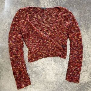 Y2K I&M ICI burgundy and orange knit wrap cardigan with a touch of whimsy